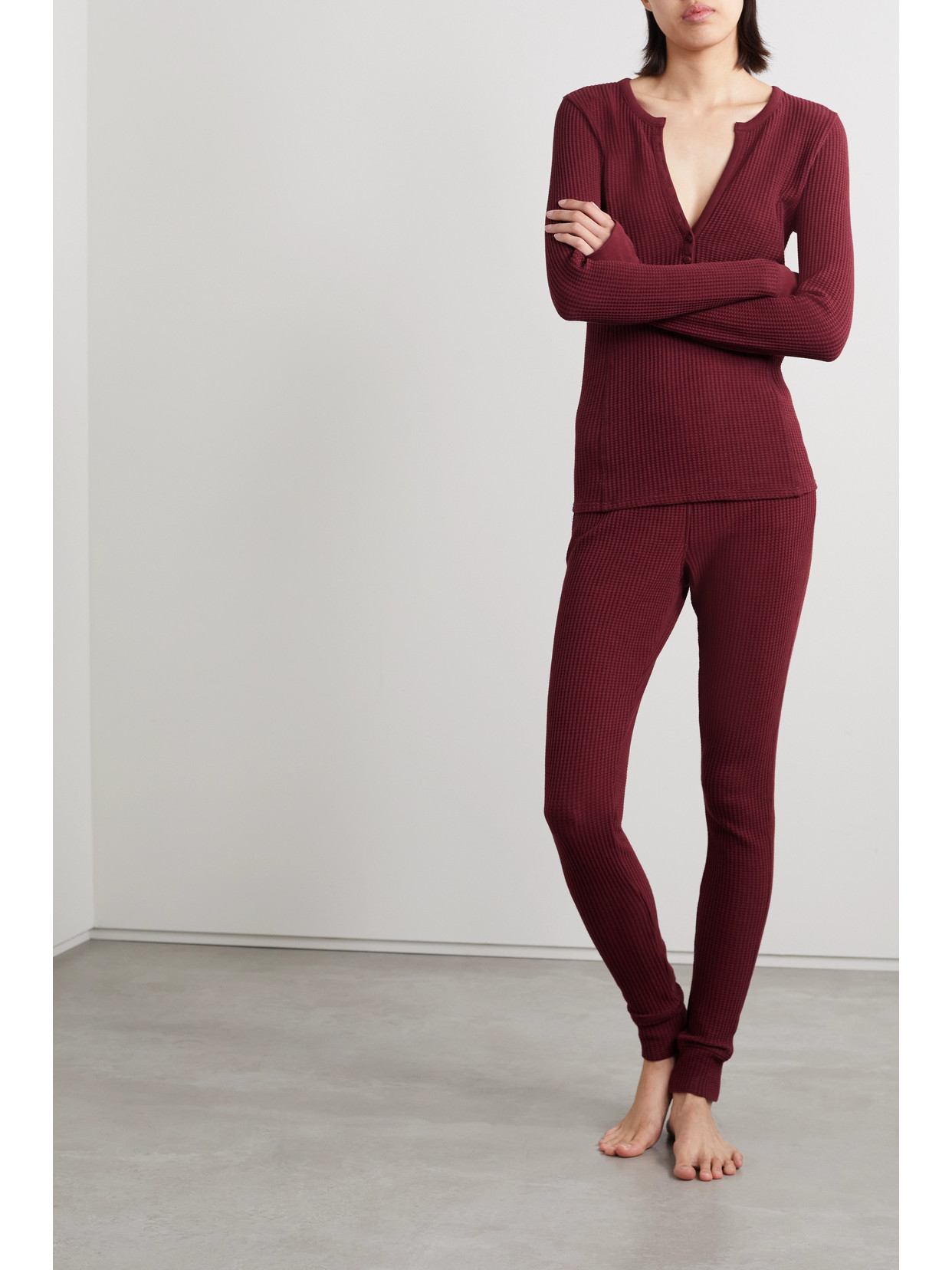 Shop Skin + Net Sustain Jolene Waffle-knit Stretch Organic Cotton-jersey Pajama Top In Burgundy