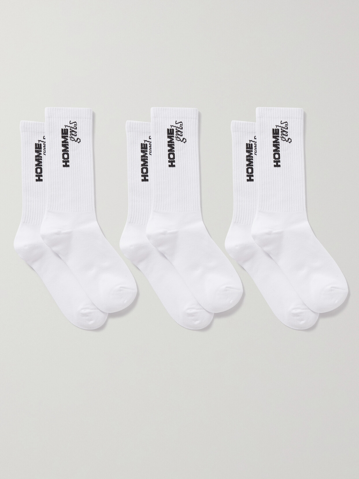 Shop Hommegirls Set Of Three Intarsia Ribbed Cotton-blend Socks In White