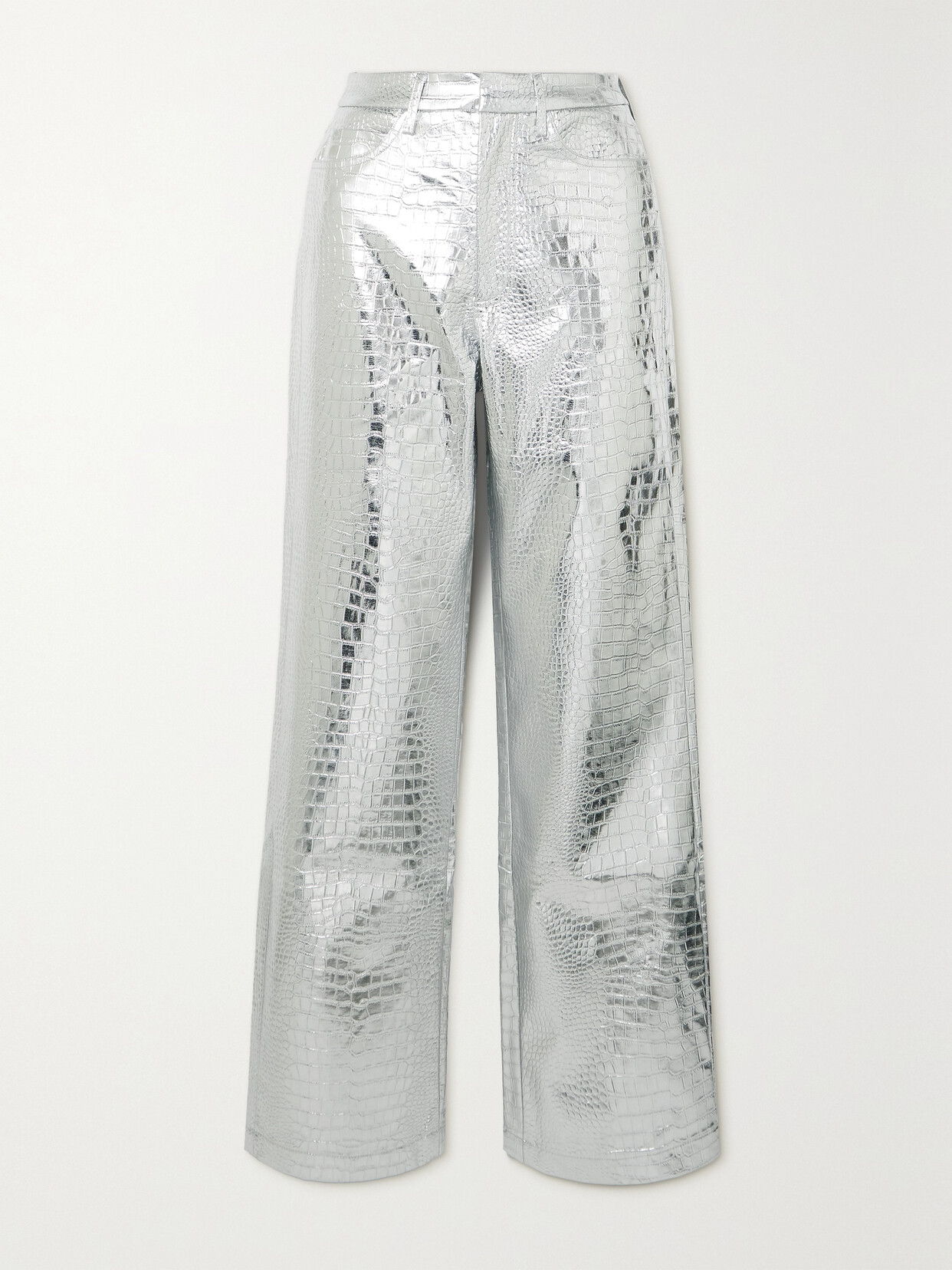 ROTATE Birger Christensen - Rotie Metallic Croc-effect Coated Faux Leather Wide-leg Pants - Silver