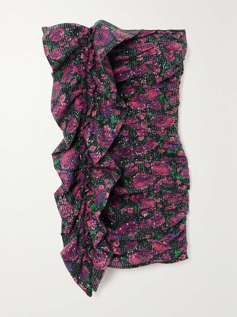 Rotate Birger Christensen Layla Strapless Ruffled Sequined Floral-print Recyled-mesh Mini Dress