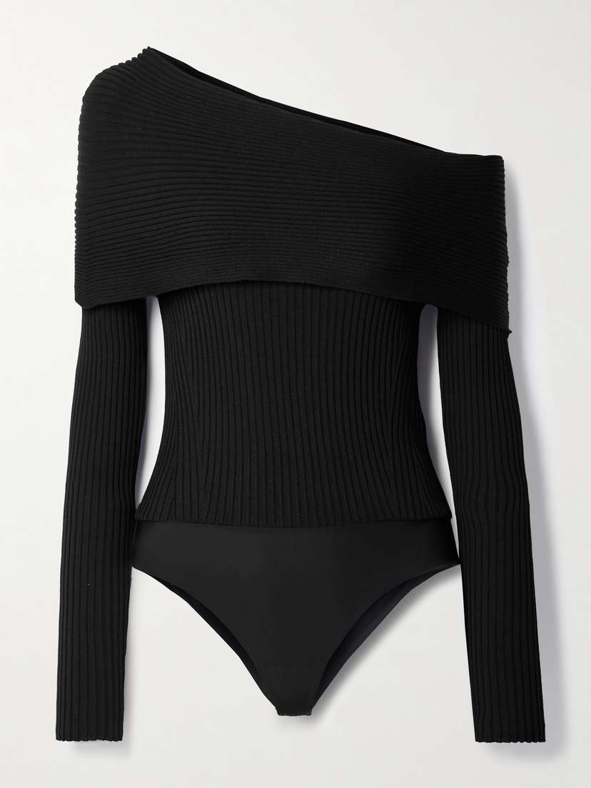 Wolford + Simkhai Asymmetric Ribbed Wool Bodysuit