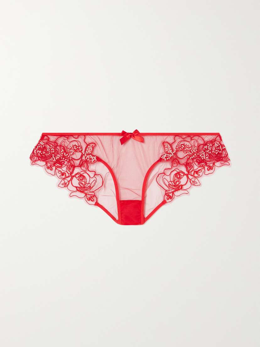 Agent Provocateur Lindie Satin-trimmed Embellished Embroidered Tulle Briefs