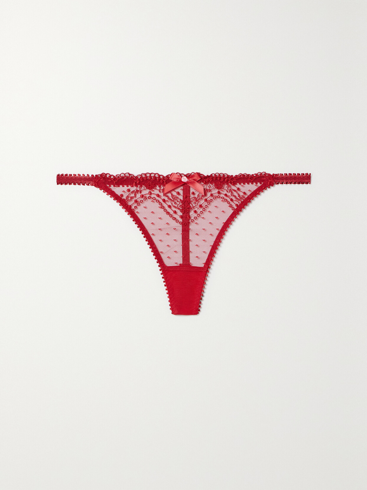 Agent Provocateur Yuma Bow-embellished Embroidered Tulle Thong In Red