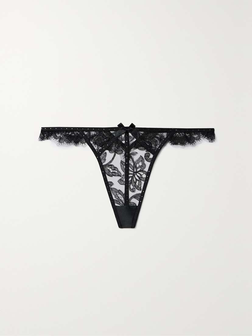 Agent Provocateur Krystabell Swarovski Crystal-embellished Satin-trimmed Lace Thong