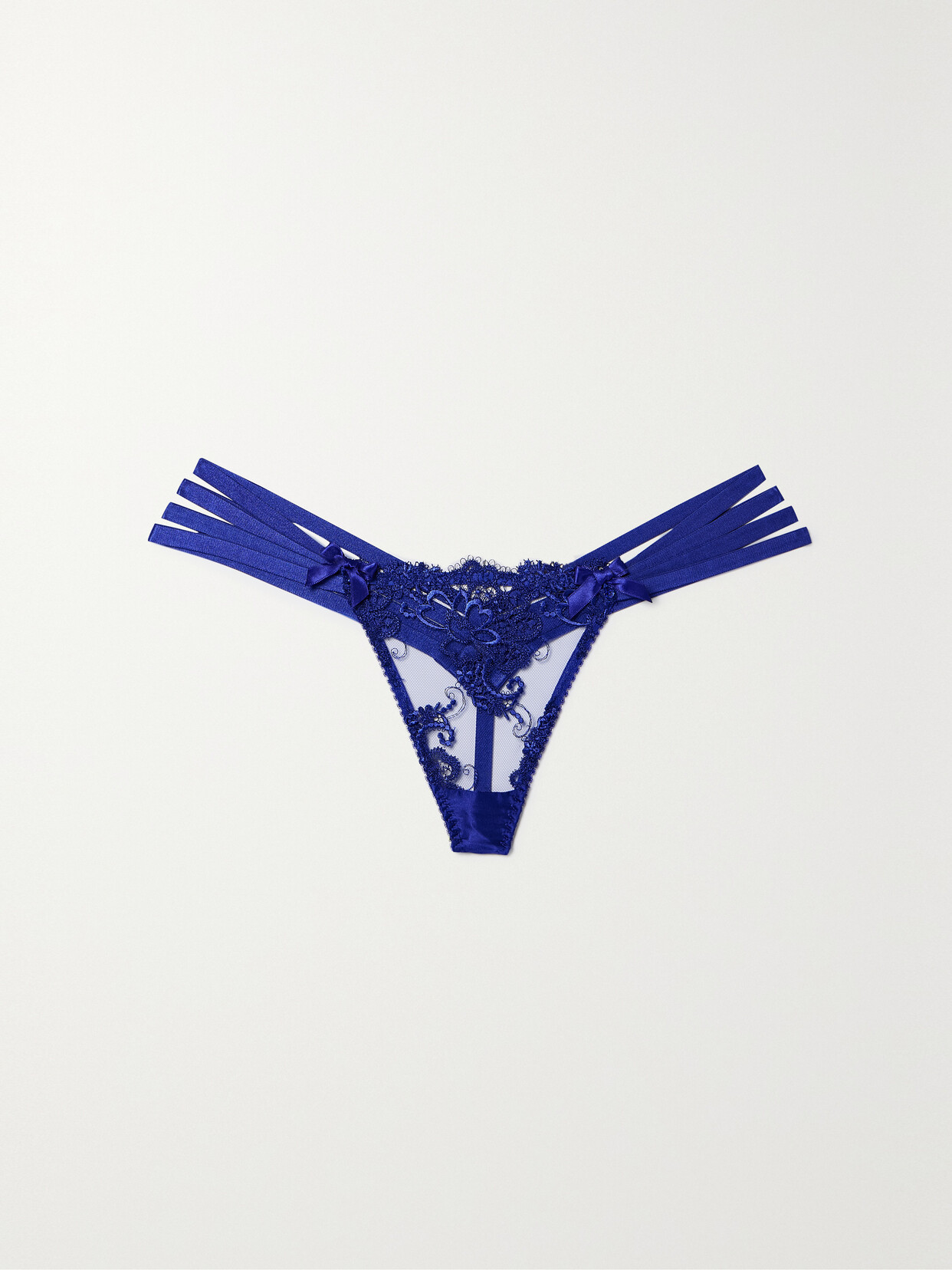 Agent Provocateur - Dioni Stretch-silk Satin-trimmed Embroidered Tulle Thong - Blue