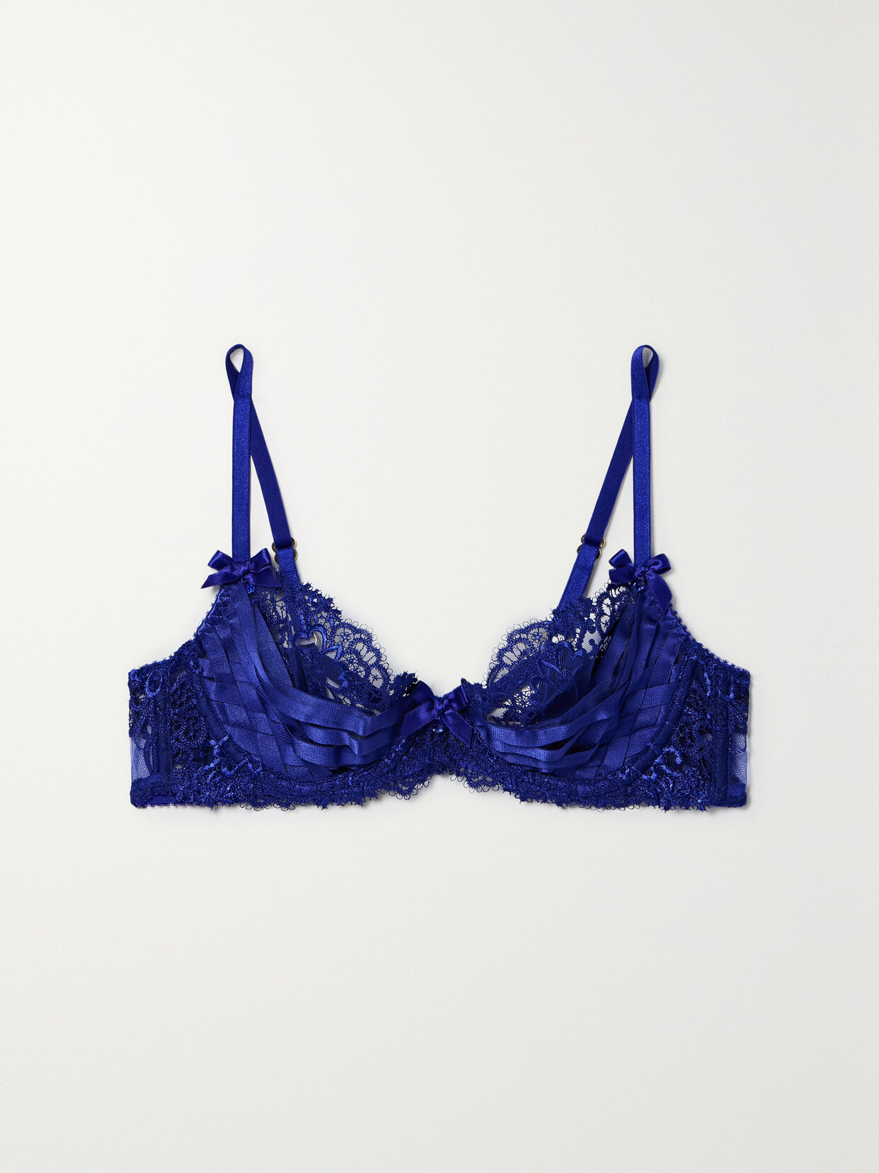 Agent Provocateur - Dioni Stretch-silk Satin-trimmed Embellished Lace Underwired Bra - Blue