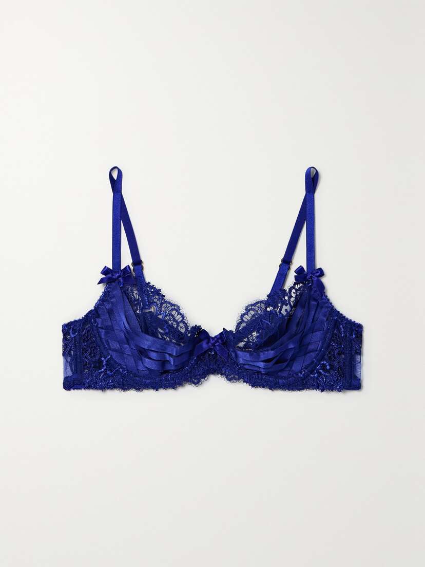 Agent Provocateur Dioni Stretch-silk Satin-trimmed Embellished Lace Underwired Bra