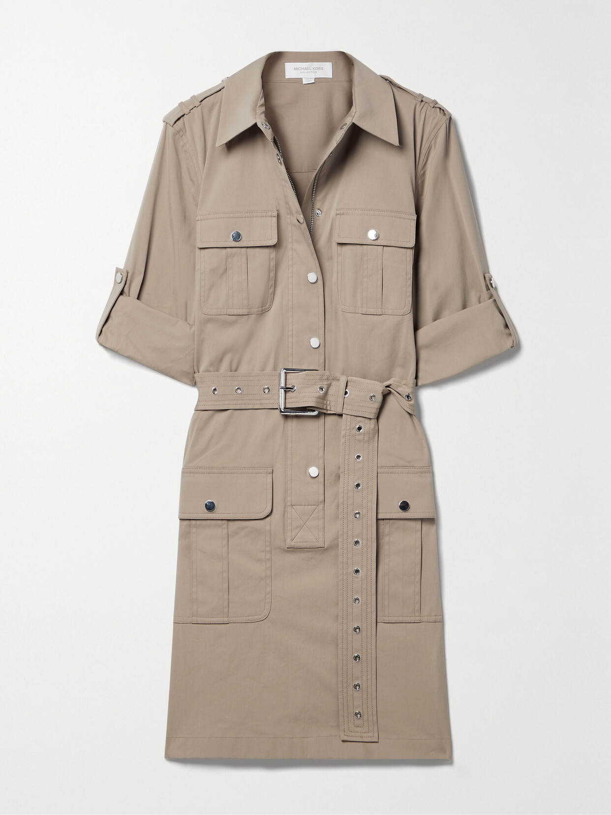 Michael Kors Collection - Belted Stretch Organic Cotton-poplin Mini Shirt Dress - Neutrals