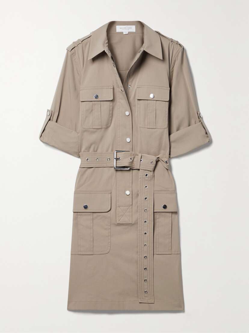 Michael Kors Collection Belted Stretch Organic Cotton-poplin Mini Shirt Dress