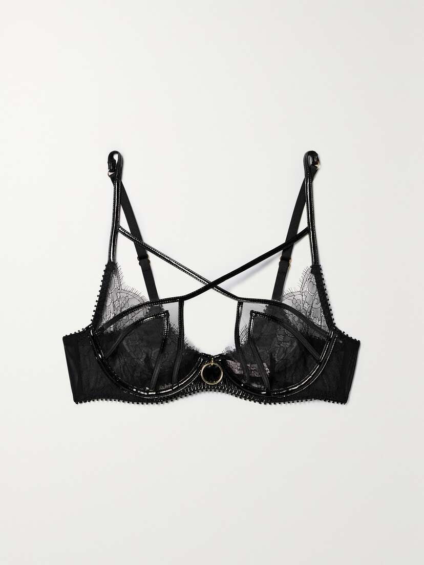 Agent Provocateur Foxie Stretch Pvc-trimmed Embellished Leavers Lace And Tulle Underwired Soft-cup Bra