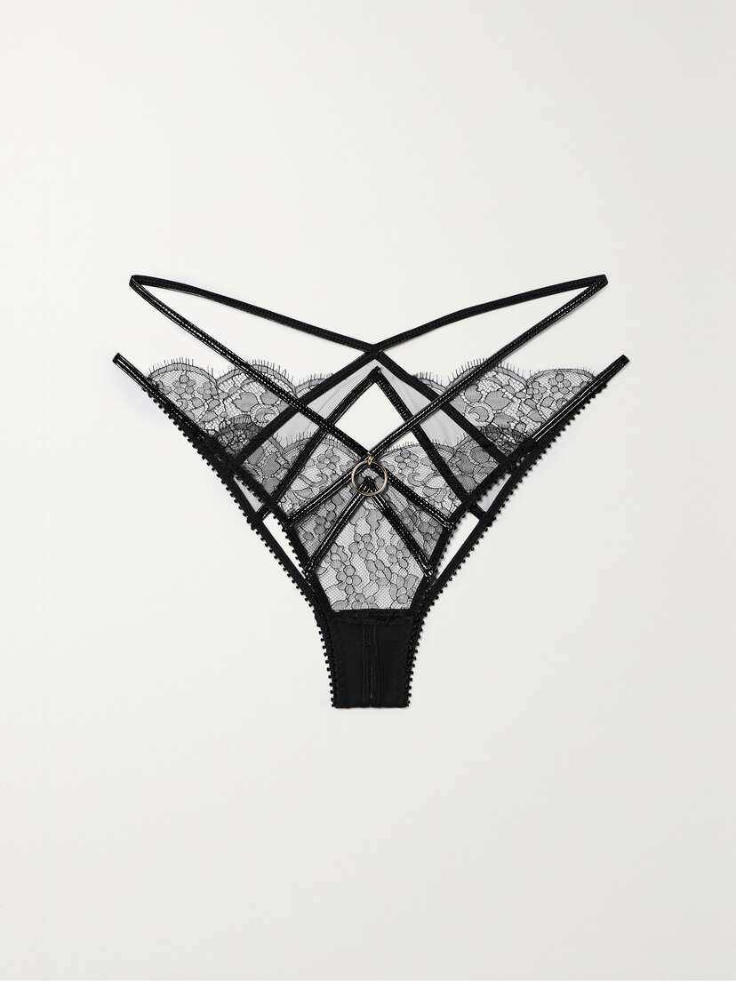 Agent Provocateur Foxie Stretch Pvc-trimmed Cutout Embellished Leavers Lace Briefs