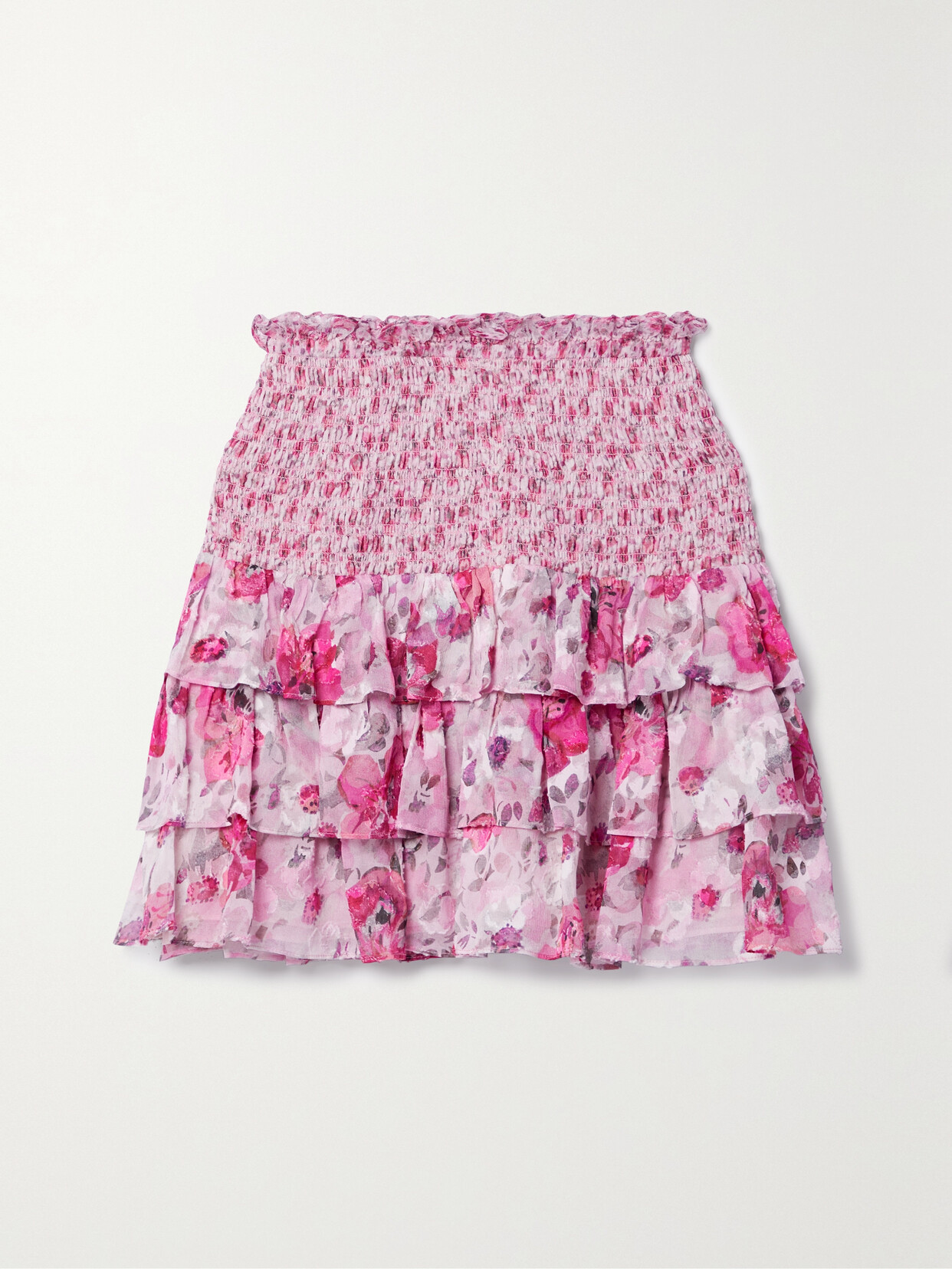 LoveShackFancy Indigo Shirred Floral-print Fil Coupé Silk And Cotton-blend Crepon Mini Skirt - Pink