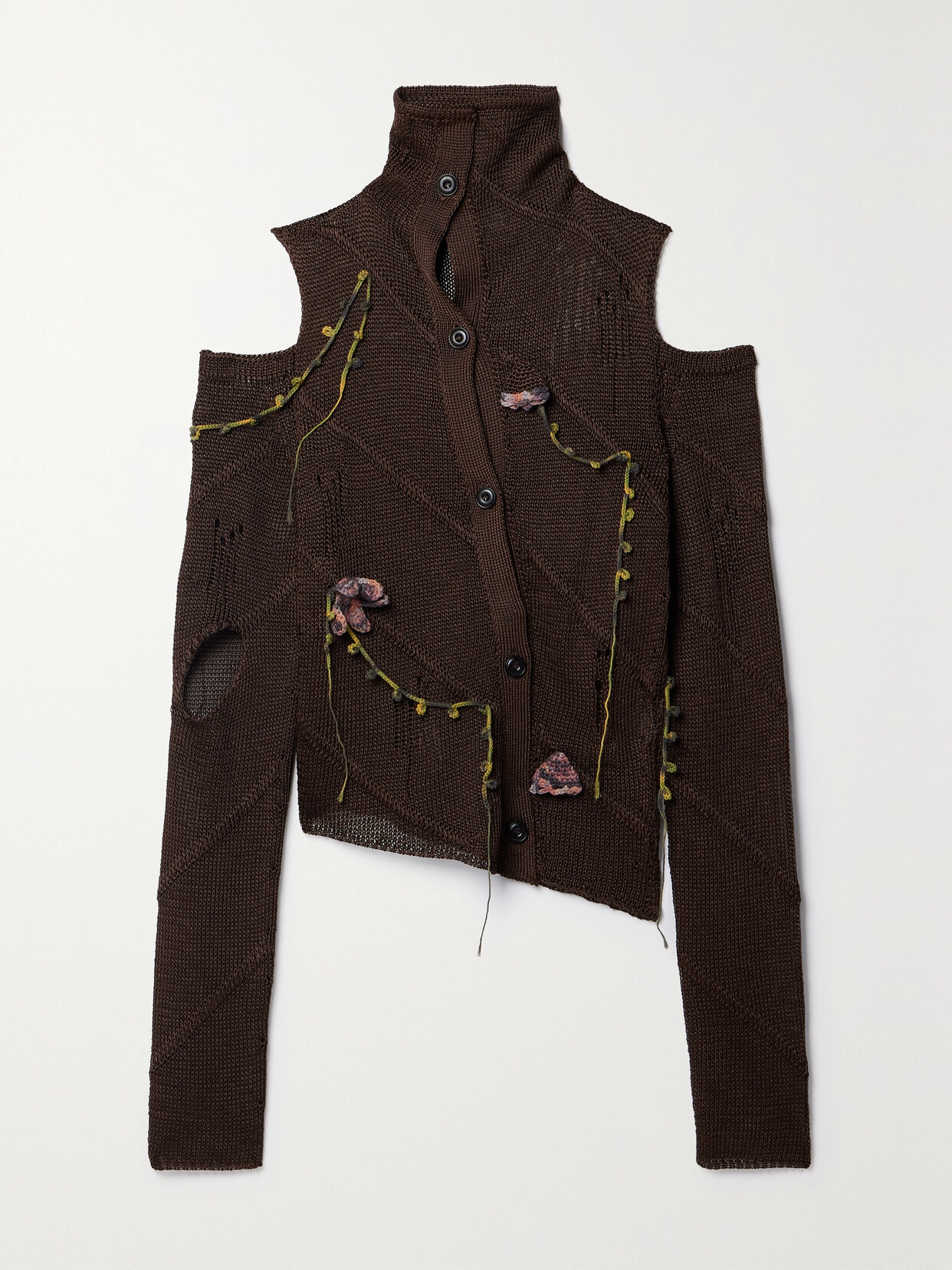 Acne Studios Cold-shoulder Distressed Appliquéd Open-knit Cardigan - Brown