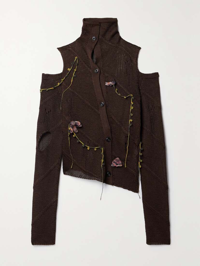 Acne Studios Cold-shoulder Distressed Appliquéd Open-knit Cardigan