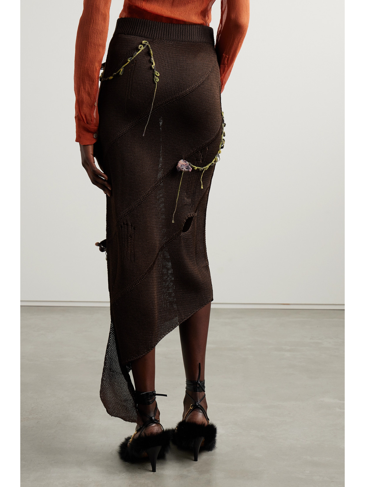 Acne Studios Keelah Asymmetric Distressed Appliquéd Knitted Midi Skirt In Brown