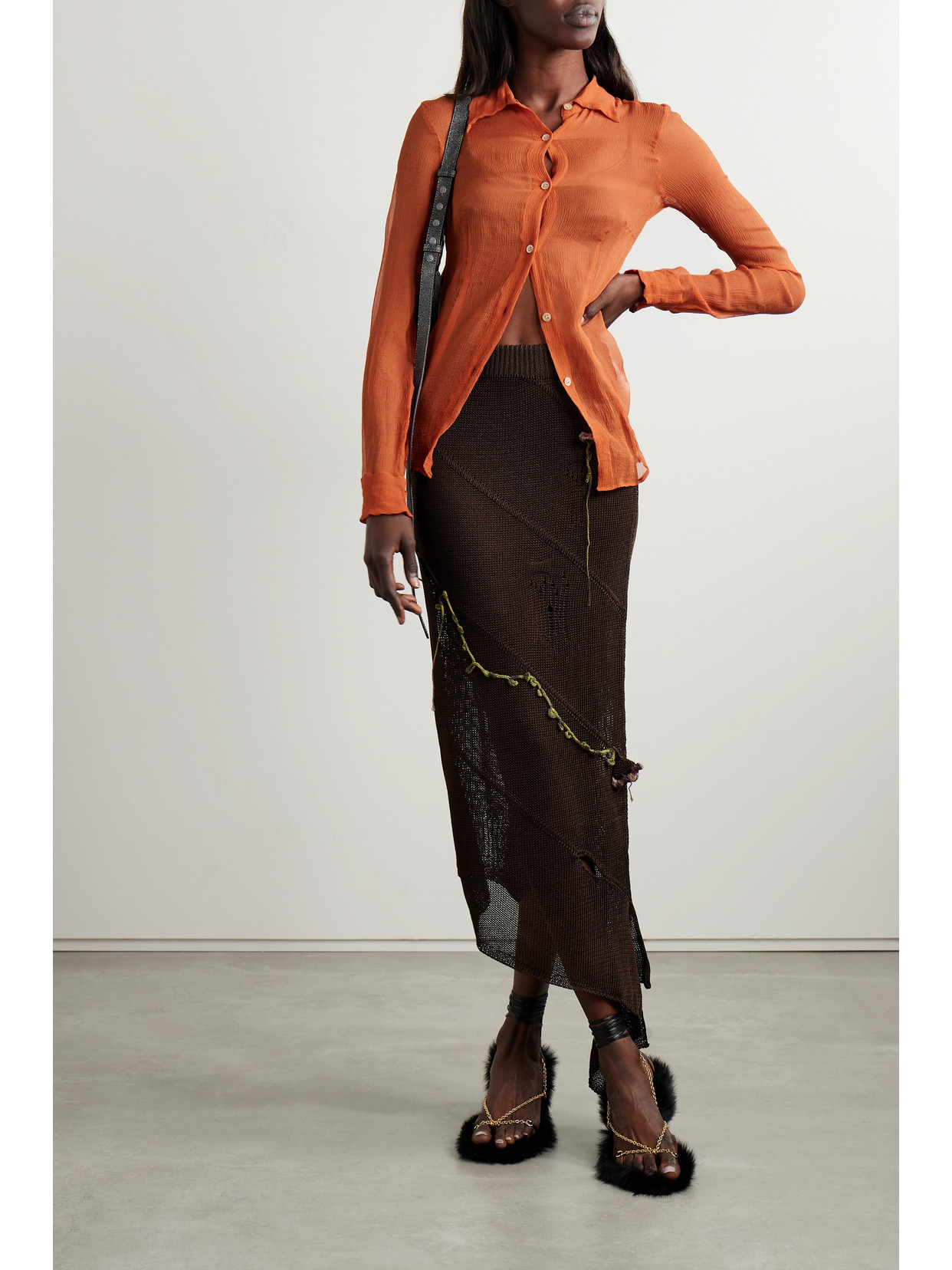 Acne Studios Keelah Asymmetric Distressed Appliquéd Knitted Midi Skirt In Brown