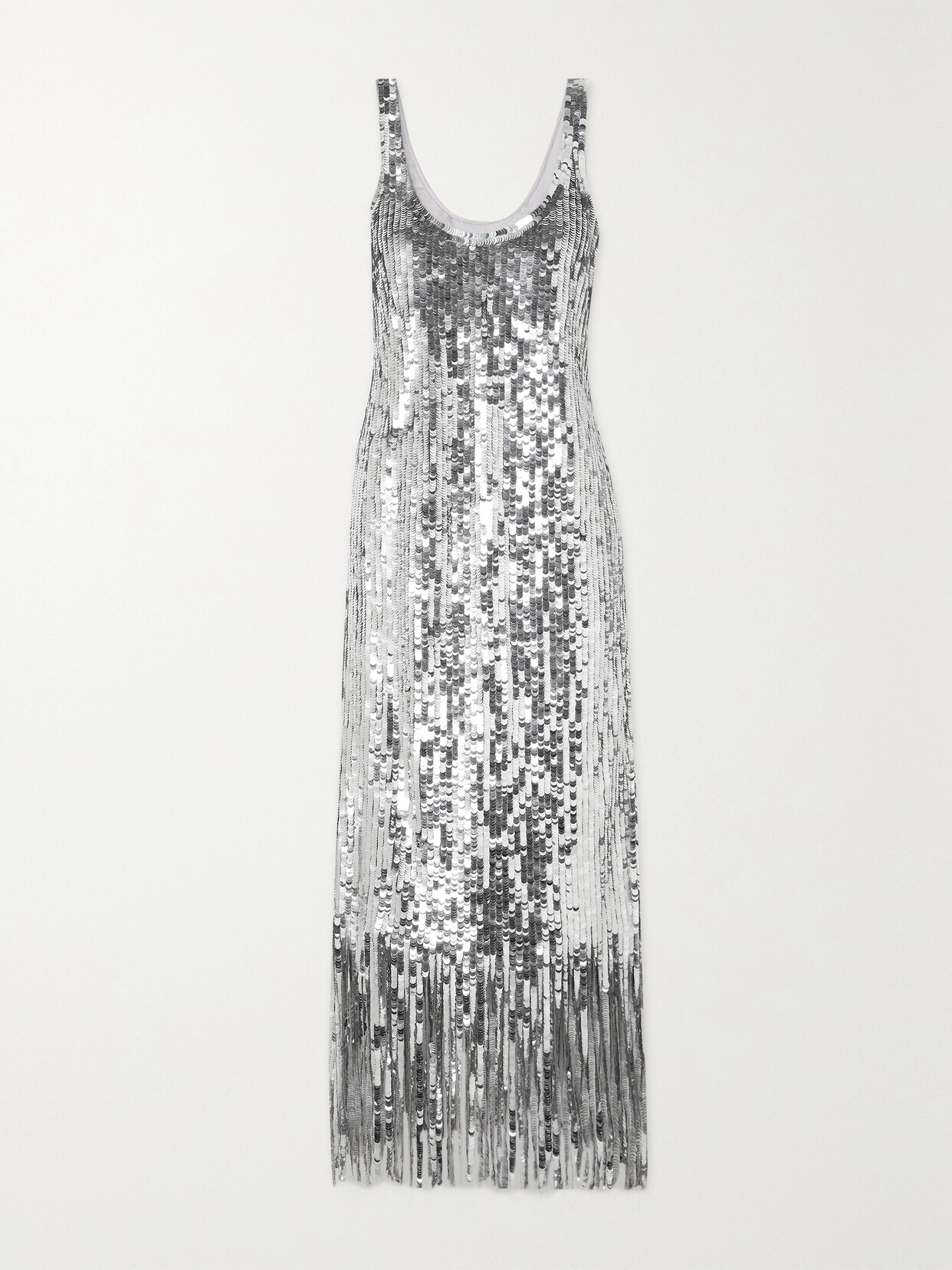 SIMKHAI Ayala Fringed Sequined Satin Midi Dress - Silver