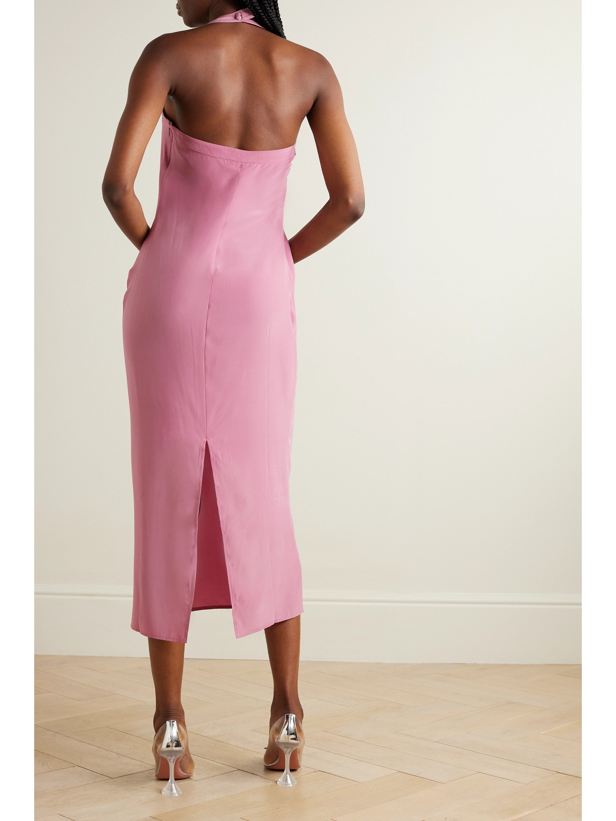 soft pink shimmer stripes mila strapless midi dress Maika Strapless Midi Dress