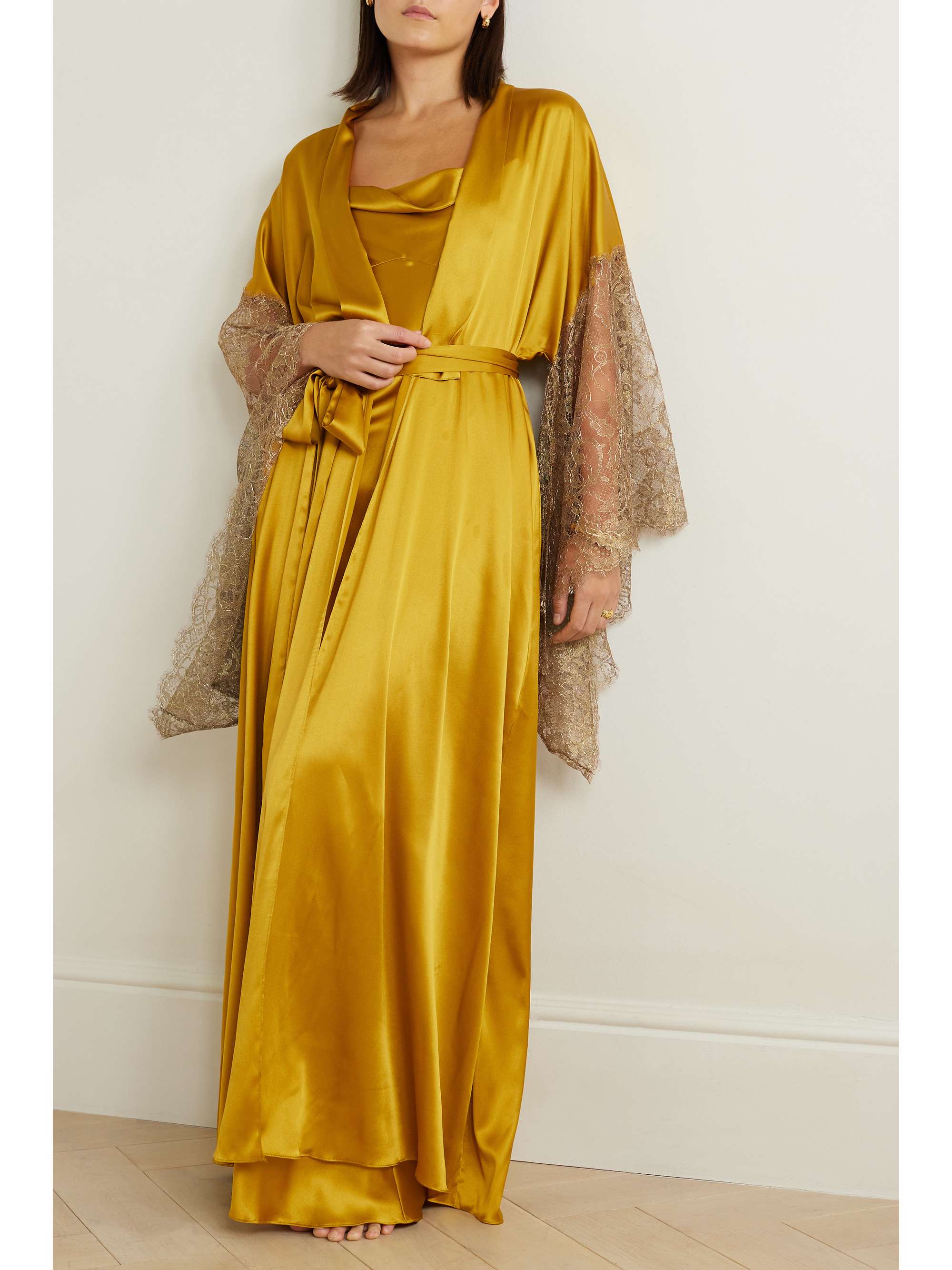 Belted lace-trimmed silk-satin robe