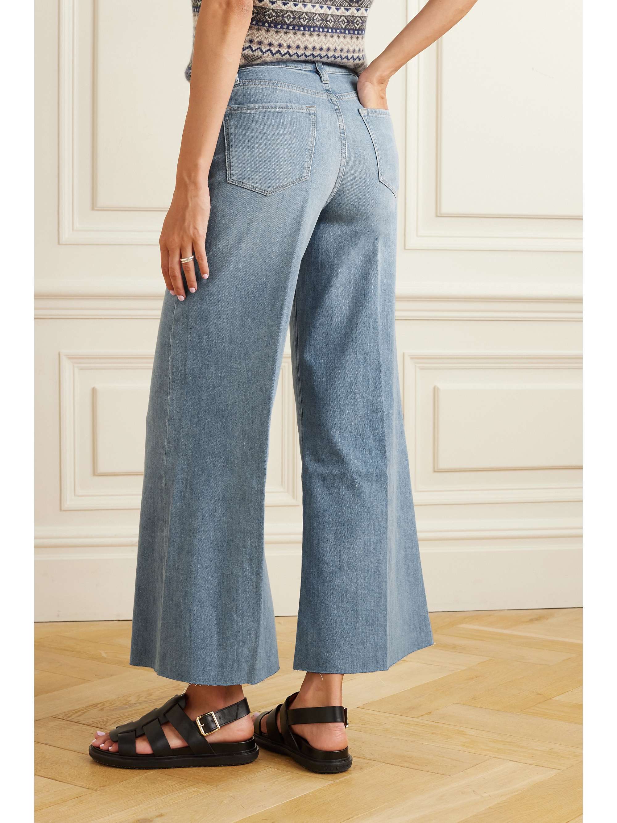FRAME Le Palazzo cropped frayed flared jeans NETAPORTER
