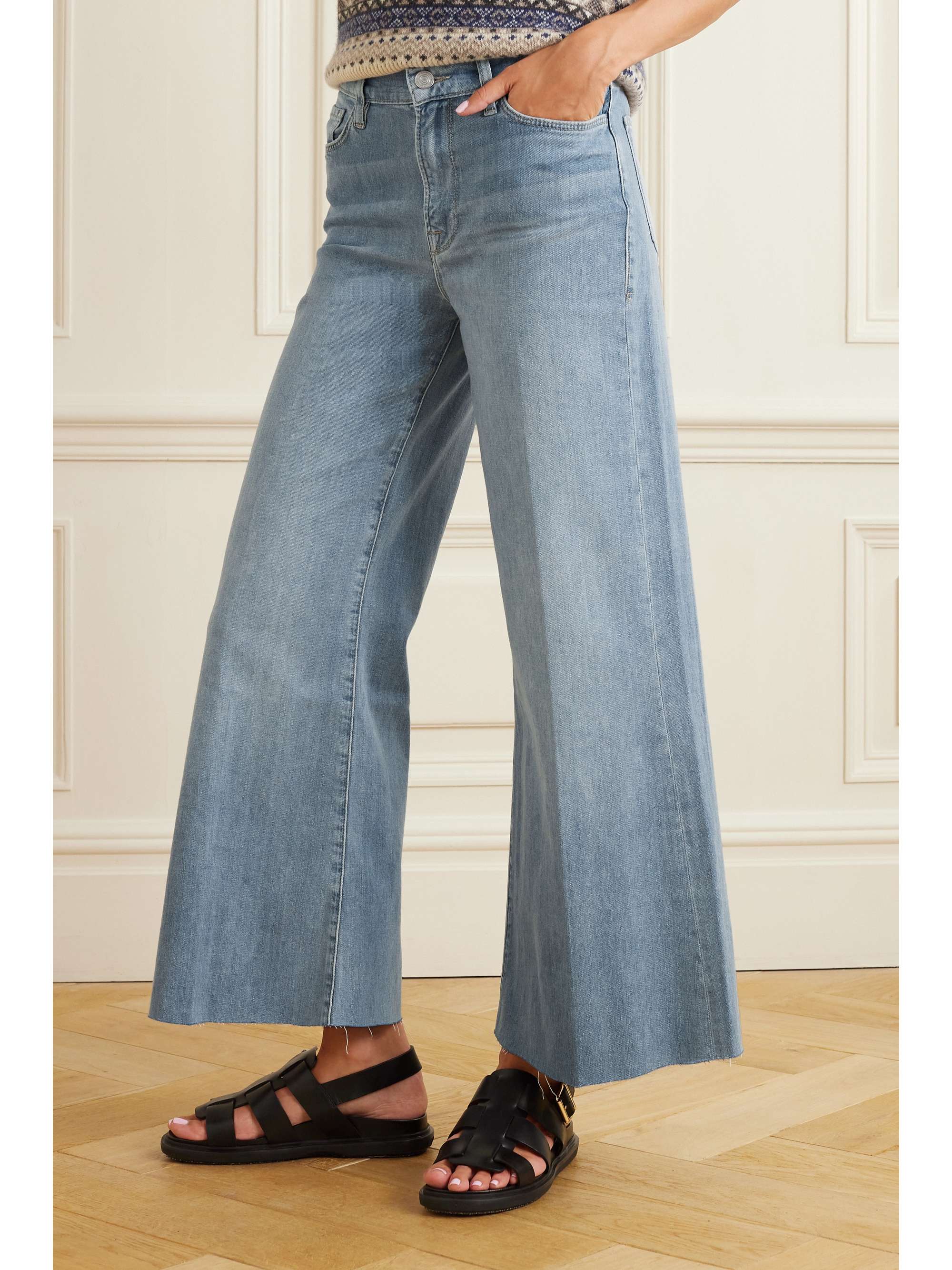 FRAME Le Palazzo cropped frayed flared jeans NETAPORTER