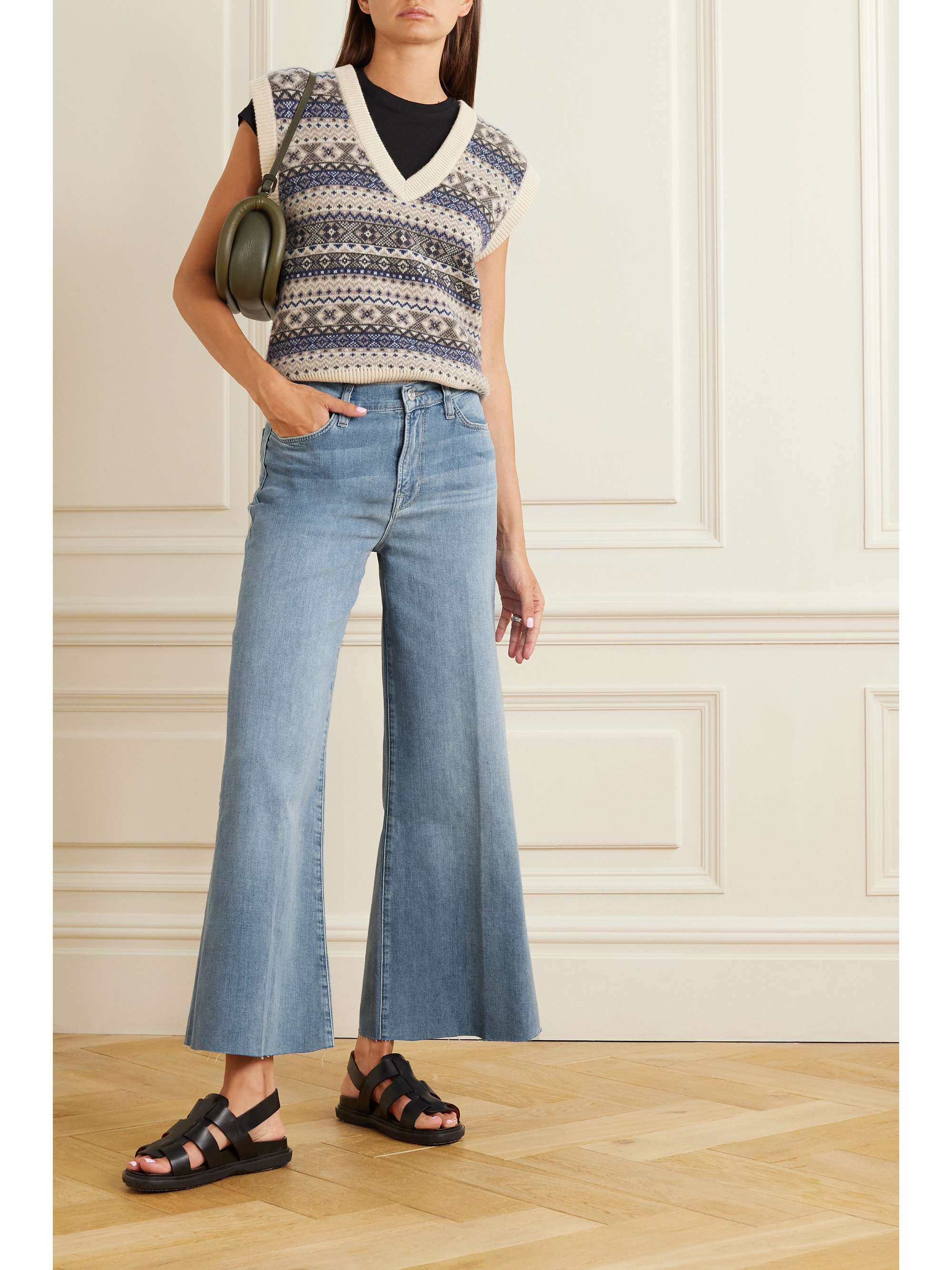 FRAME Le Palazzo cropped frayed flared jeans NETAPORTER