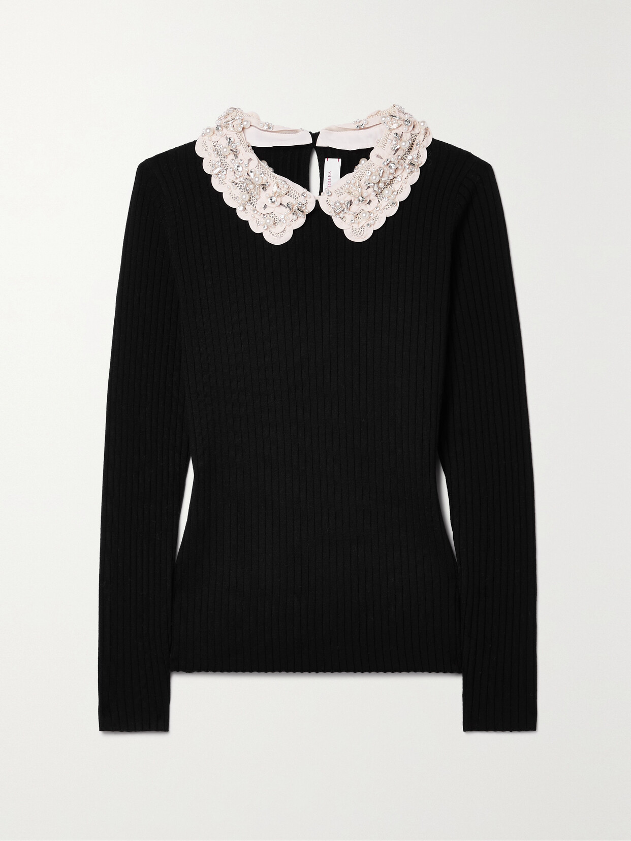 Shop Carolina Herrera Embellished Crepe-trimmed Ribbed Wool Sweater In Black