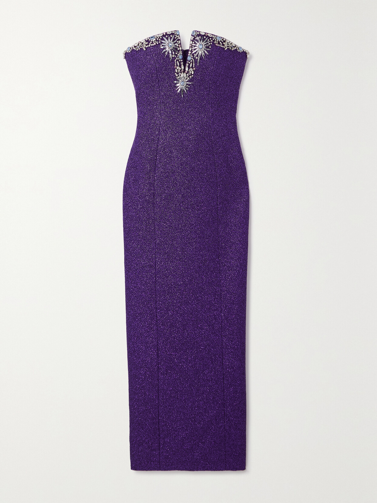 Miss Sohee + The Vanguard Strapless Crystal-embellished Metallic Woven Maxi Dress In Purple