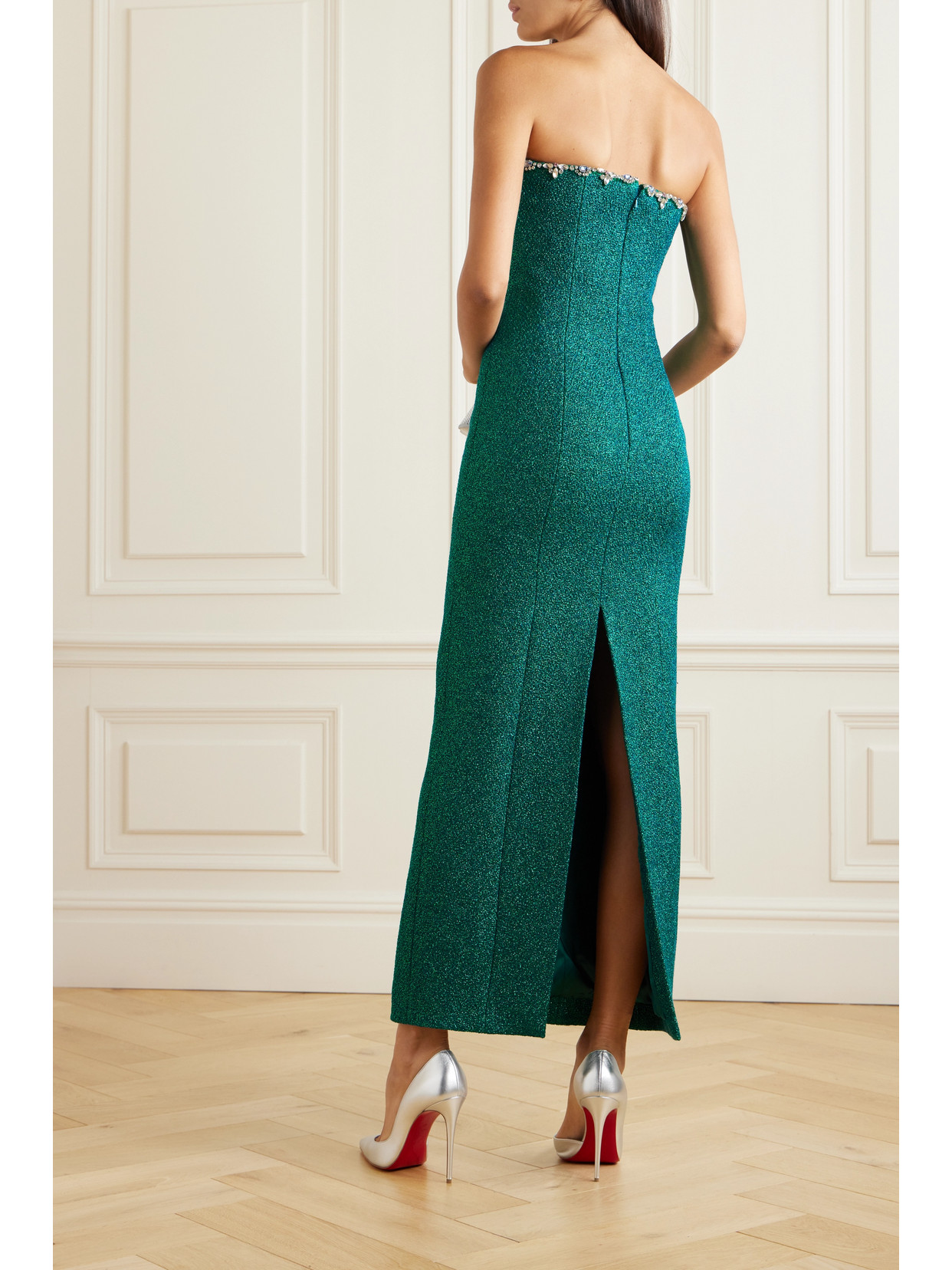 Shop Miss Sohee + The Vanguard Strapless Crystal-embellished Metallic Woven Maxi Dress In Green