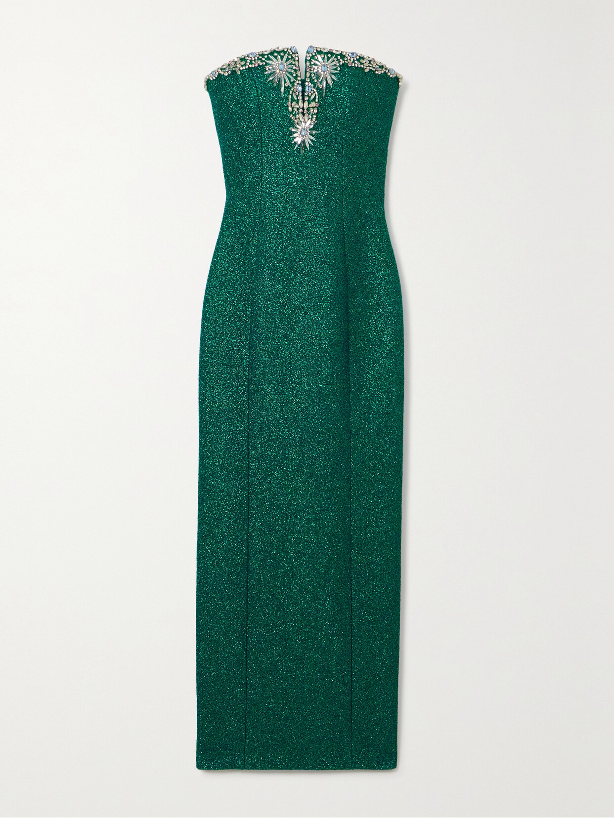 Miss Sohee + The Vanguard Strapless Crystal-embellished Metallic Woven Maxi Dress In Green