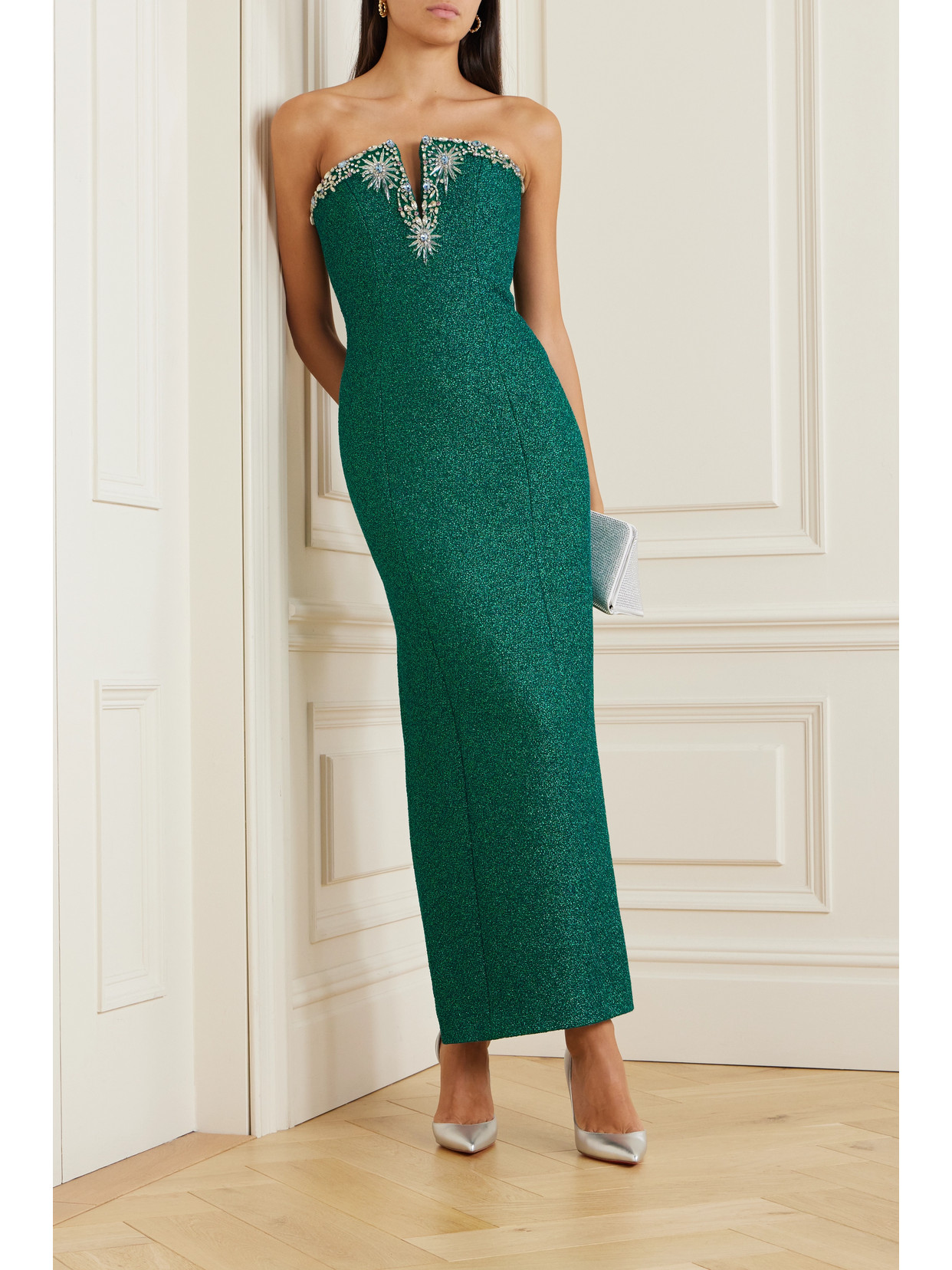 Shop Miss Sohee + The Vanguard Strapless Crystal-embellished Metallic Woven Maxi Dress In Green