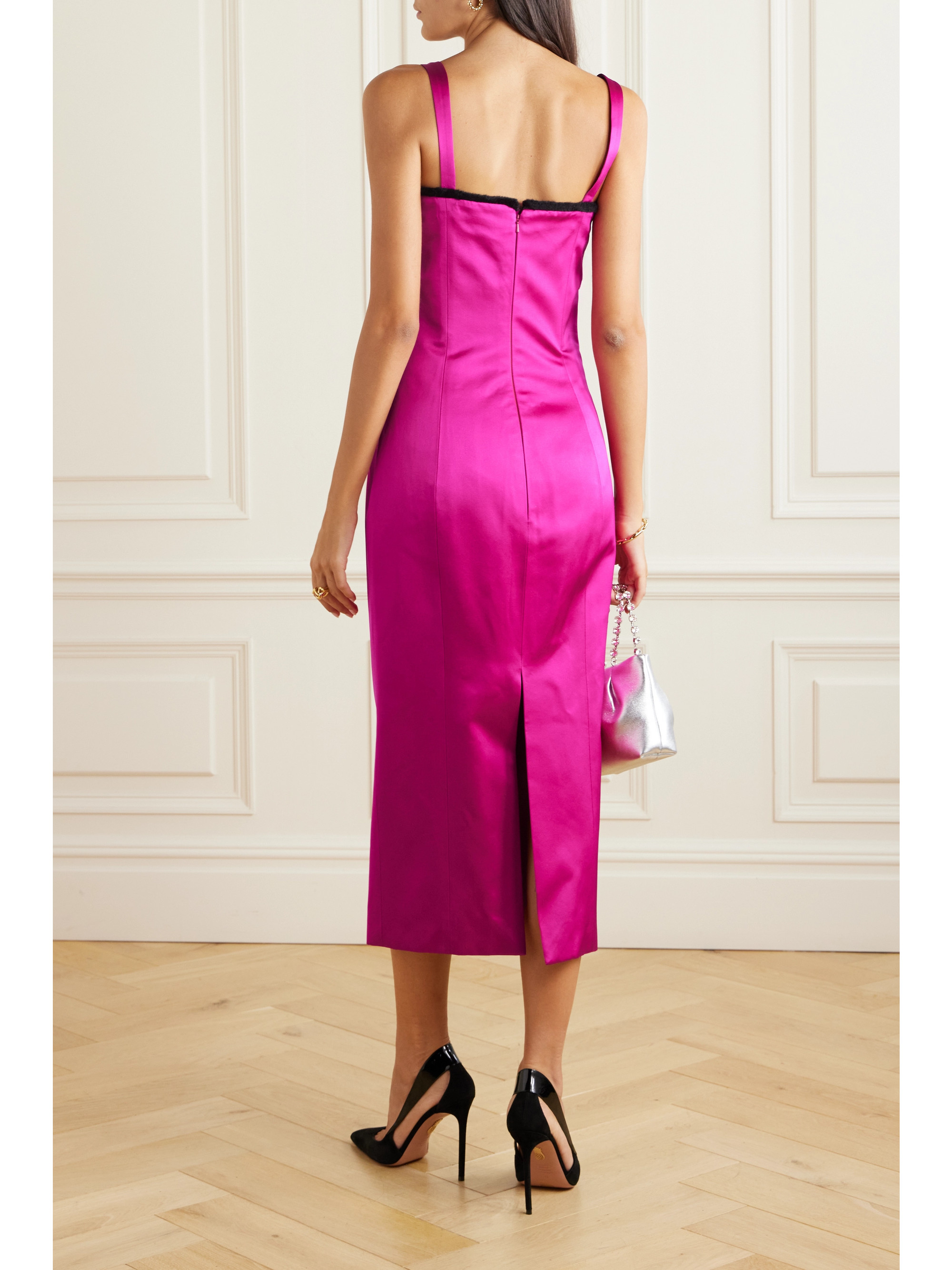 Miss Sohee + The Vanguard Iris faux fur-trimmed embellished satin midi dress