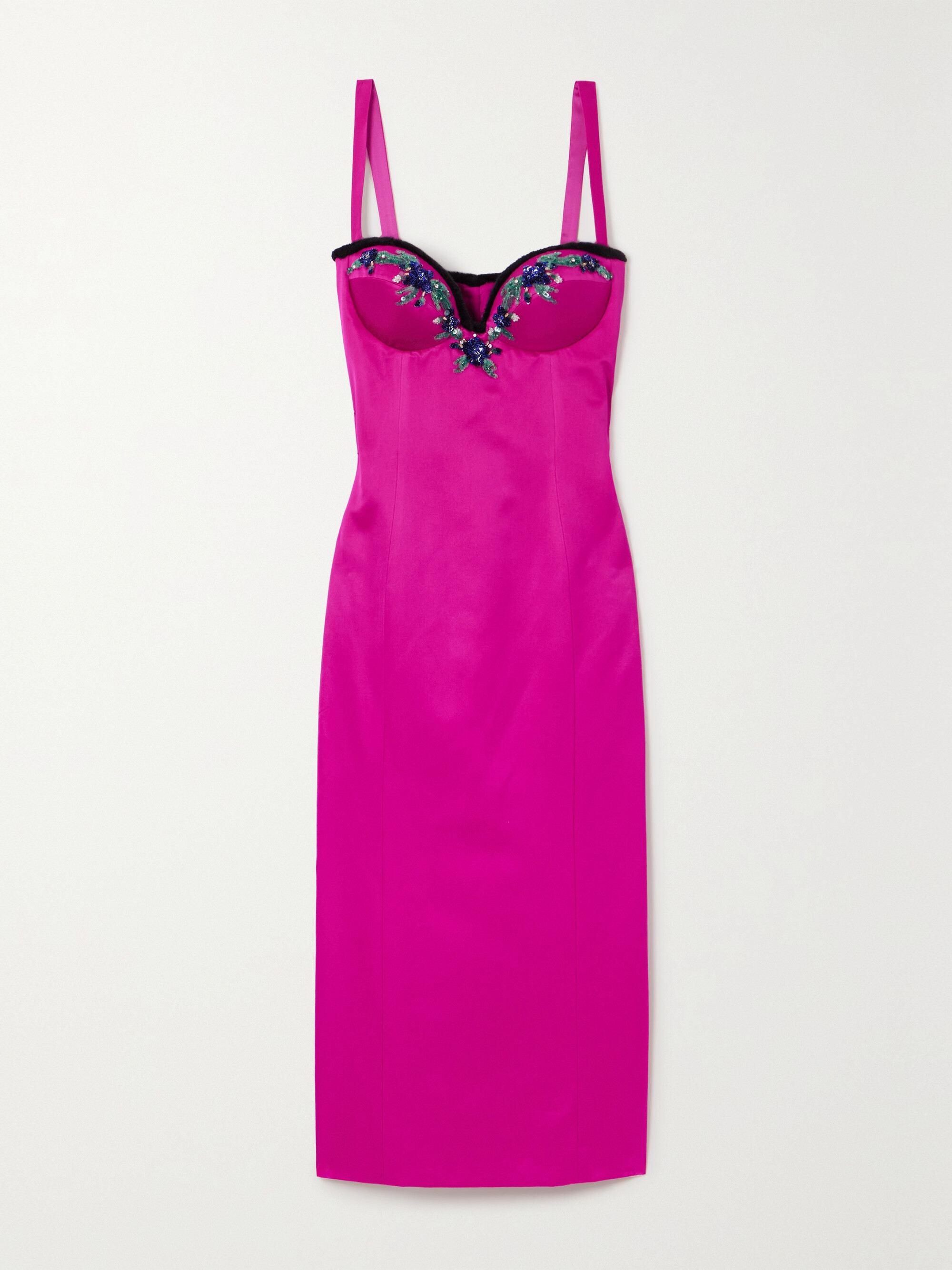 Miss Sohee + The Vanguard Iris faux fur-trimmed embellished satin midi dress