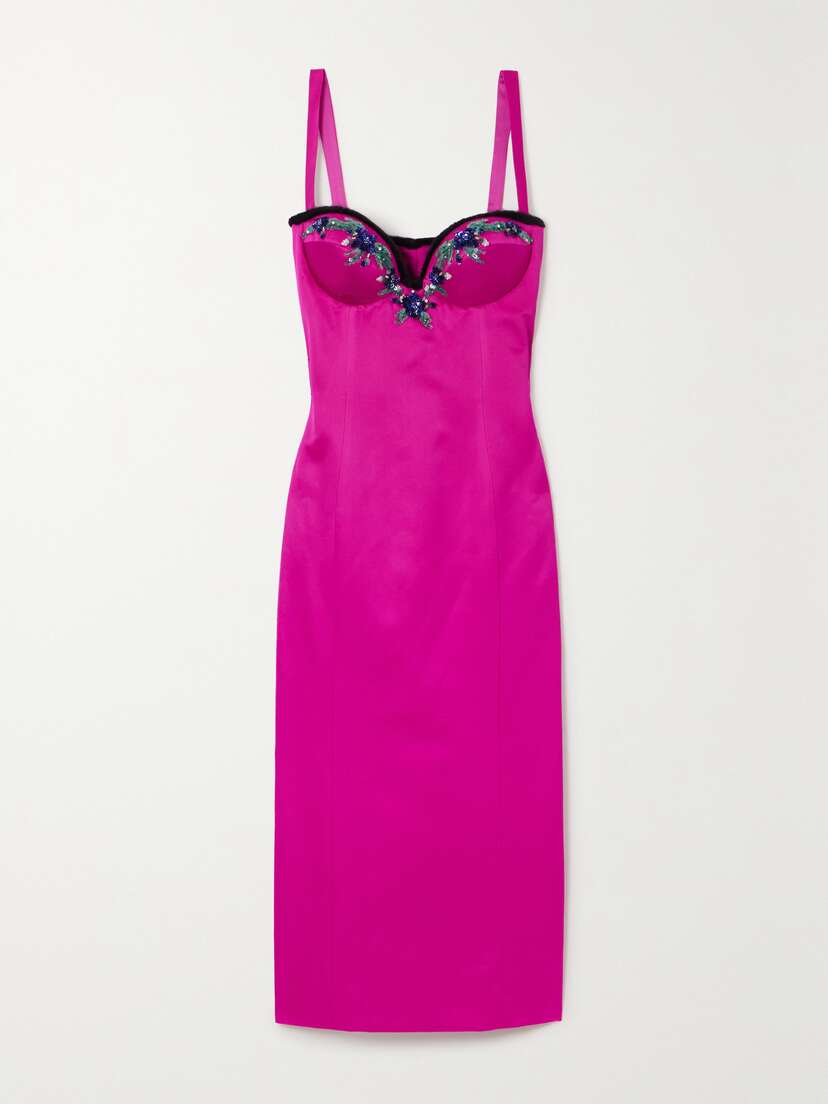 Miss Sohee + The Vanguard Iris Faux Fur-trimmed Embellished Satin Midi Dress