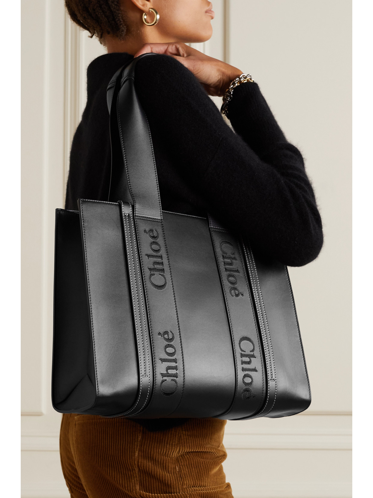 Shop Chloé + Net Sustain Woody Medium Embroidered Leather Tote In Black