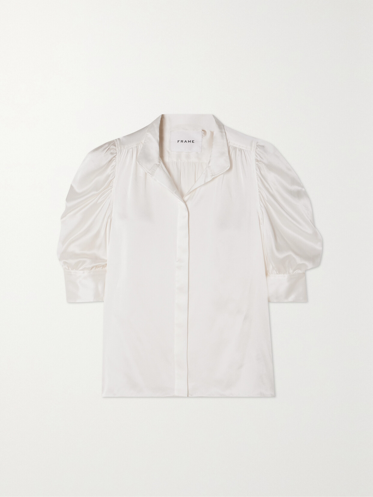 Shop Frame Gillian Ruched Silk-satin Blouse In White