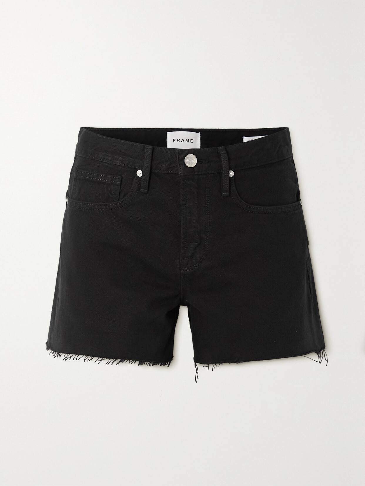 Shop Frame Le Brigette Frayed Denim Shorts In Black