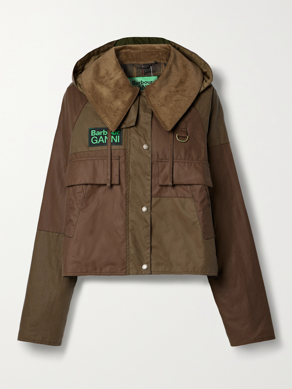 Barbour - + Ganni Spey Hooded Corduroy-trimmed Paneled Organic Waxed-cotton Hooded Jacket - Brown