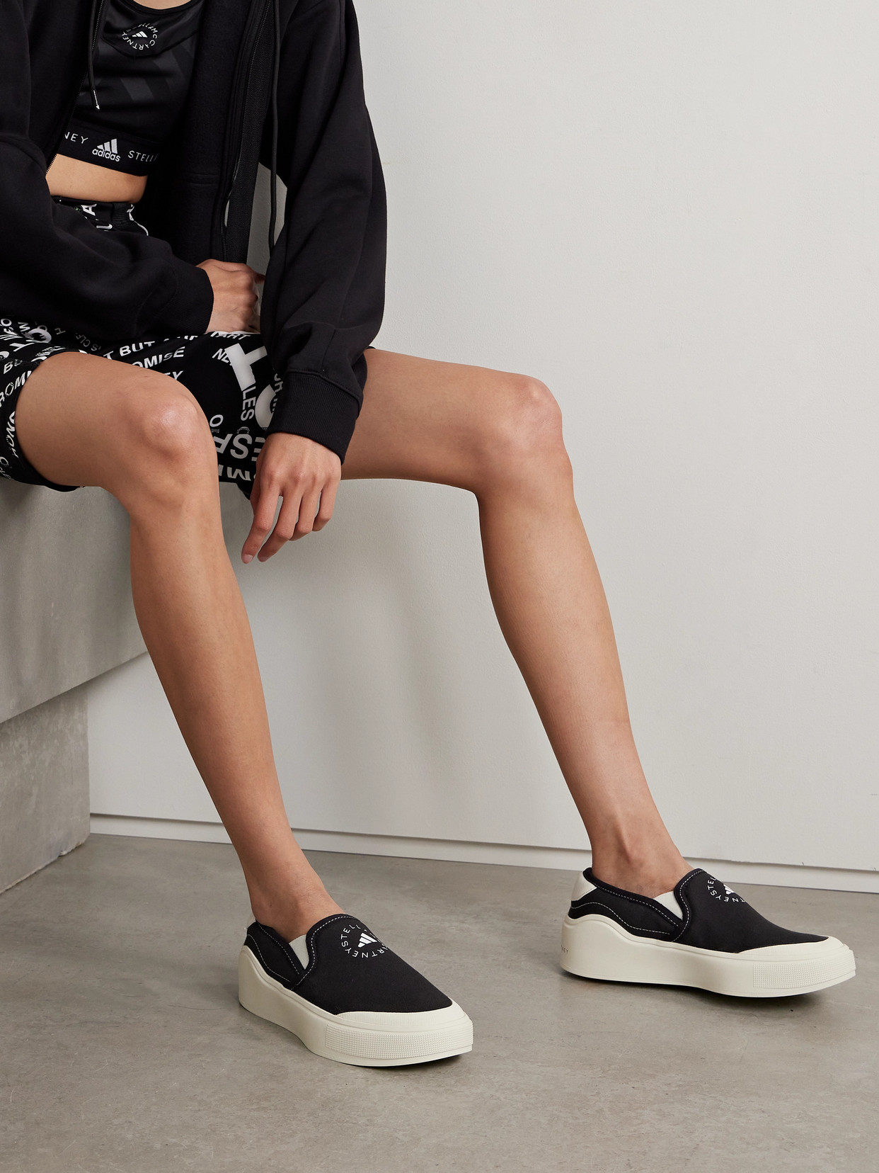 Adidas By Stella Mccartney Court Logo-print Rubber-trimmed Canvas Sneakers In Black