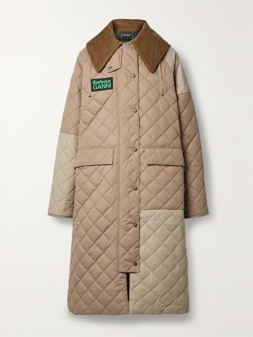 Barbour + Ganni Burghley Hooded Cotton Corduroy-trimmed Recycled-shell Jacket - UK 16