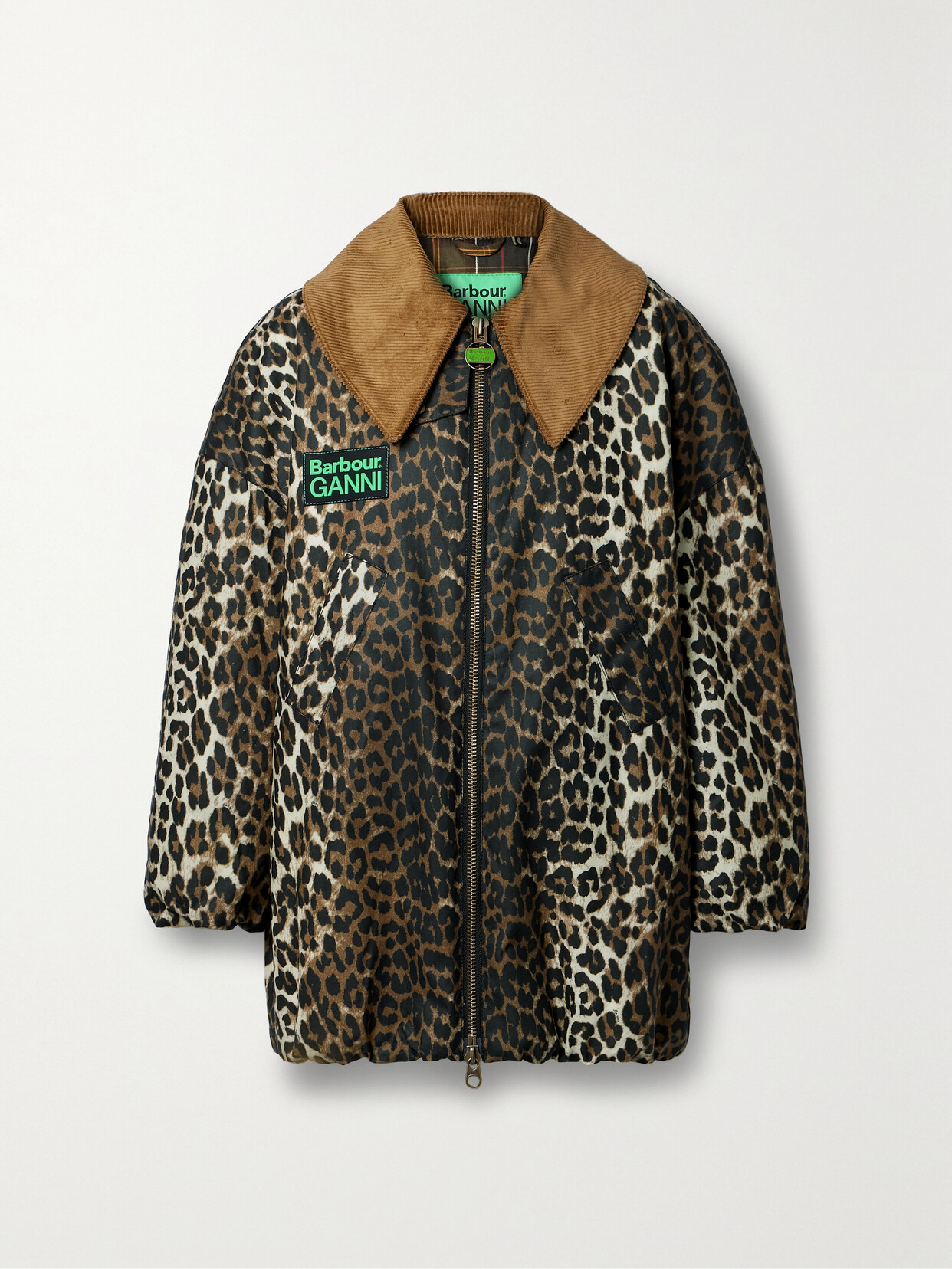 Barbour - + Ganni Corduroy-trimmed Padded Leopard-print Organic Waxed-cotton Jacket - Animal print