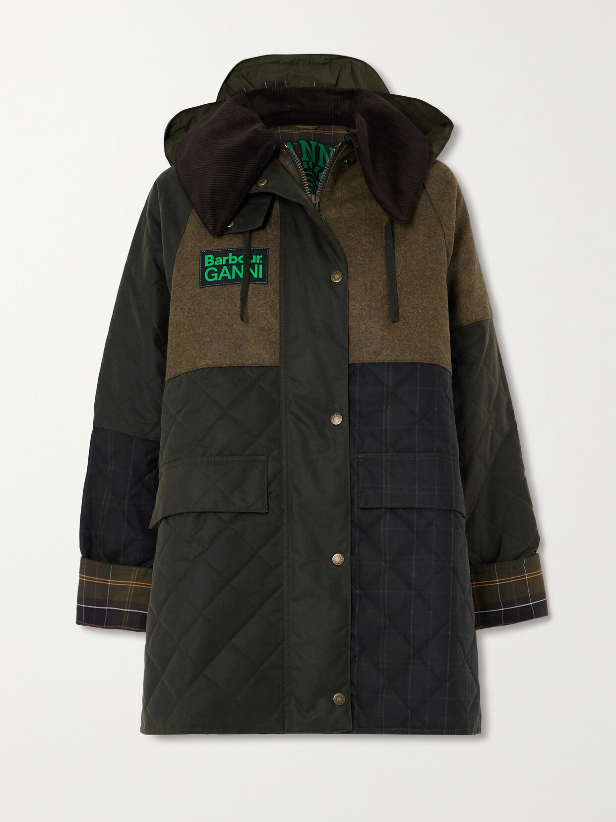 Barbour + Ganni Burghley Hooded Corduroy-trimmed Quilted Organic Waxed-cotton And Wool-tweed Jacket In Brown