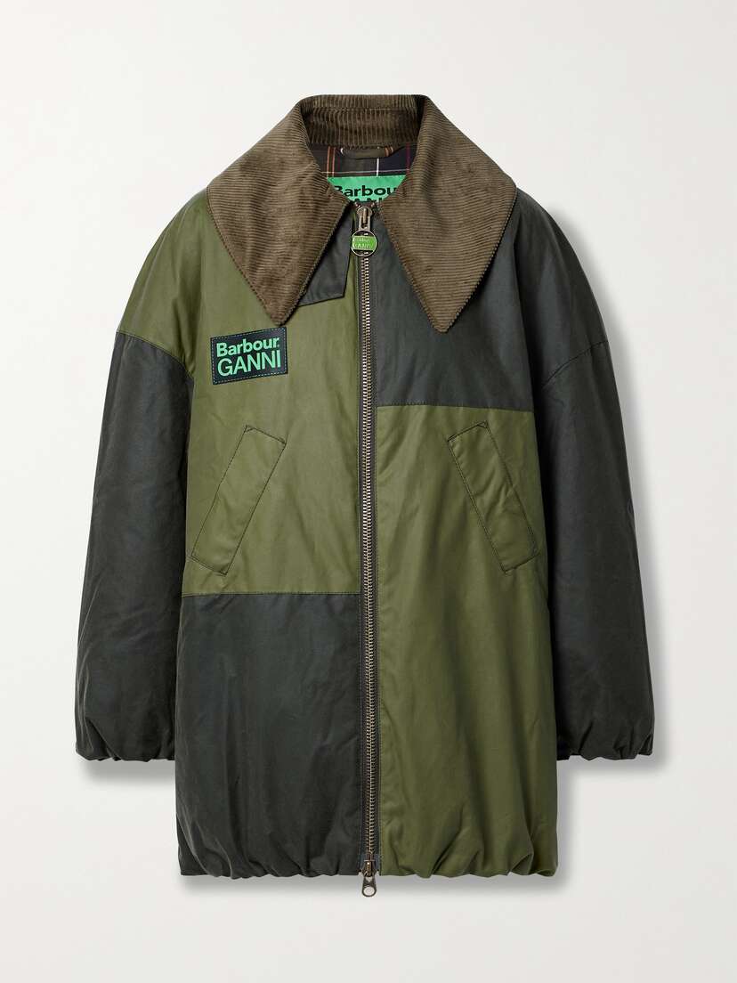 Barbour + Ganni Corduroy-trimmed Padded Color-block Organic Waxed-cotton Jacket