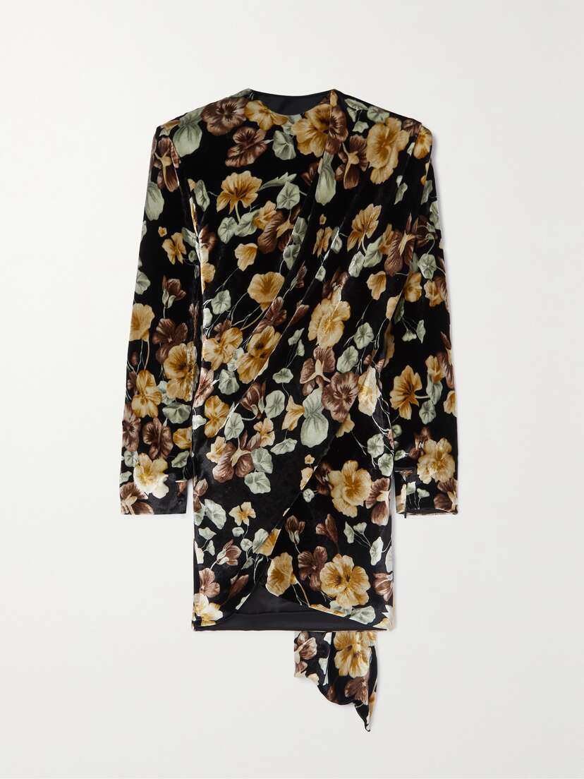SAINT LAURENT Draped Floral-print Velvet Mini Dress