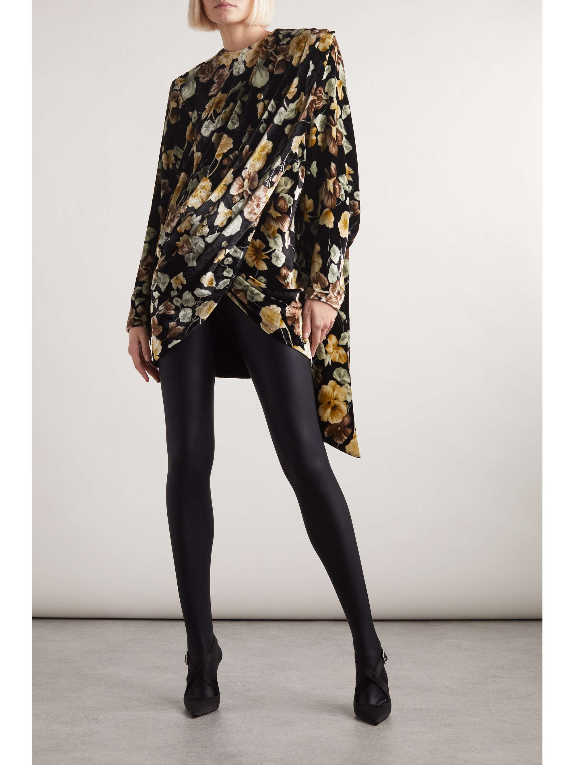 SAINT LAURENT Draped floral-print velvet mini dress