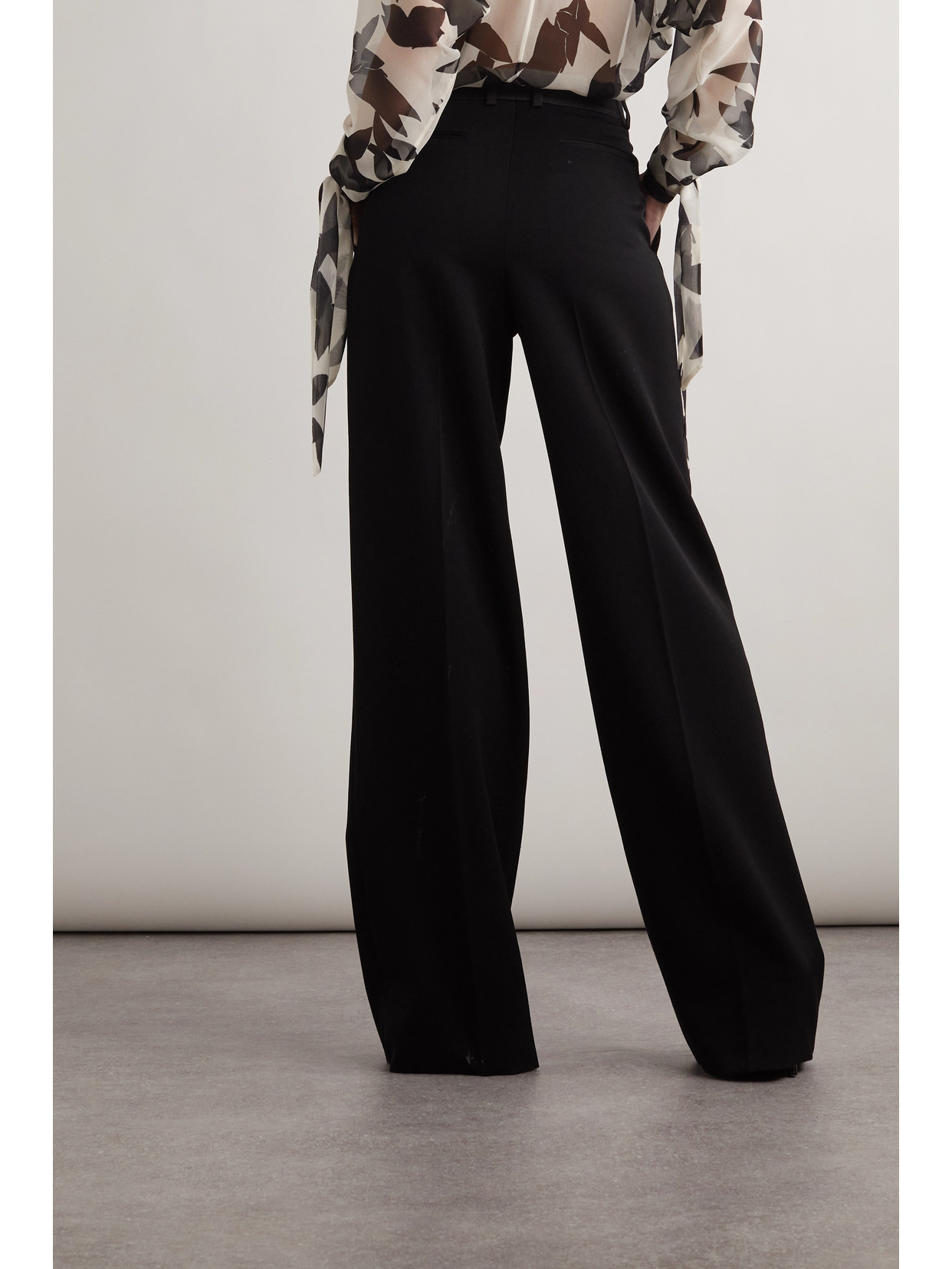 Shop Saint Laurent Satin-trimmed Grain De Poudre Wool Wide-leg Pants In Black