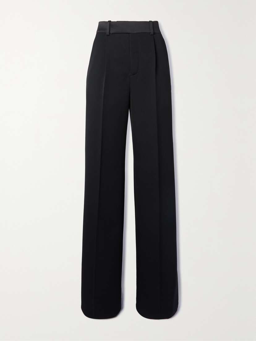 Saint Laurent Satin-trimmed Grain De Poudre Wool Wide-leg Pants