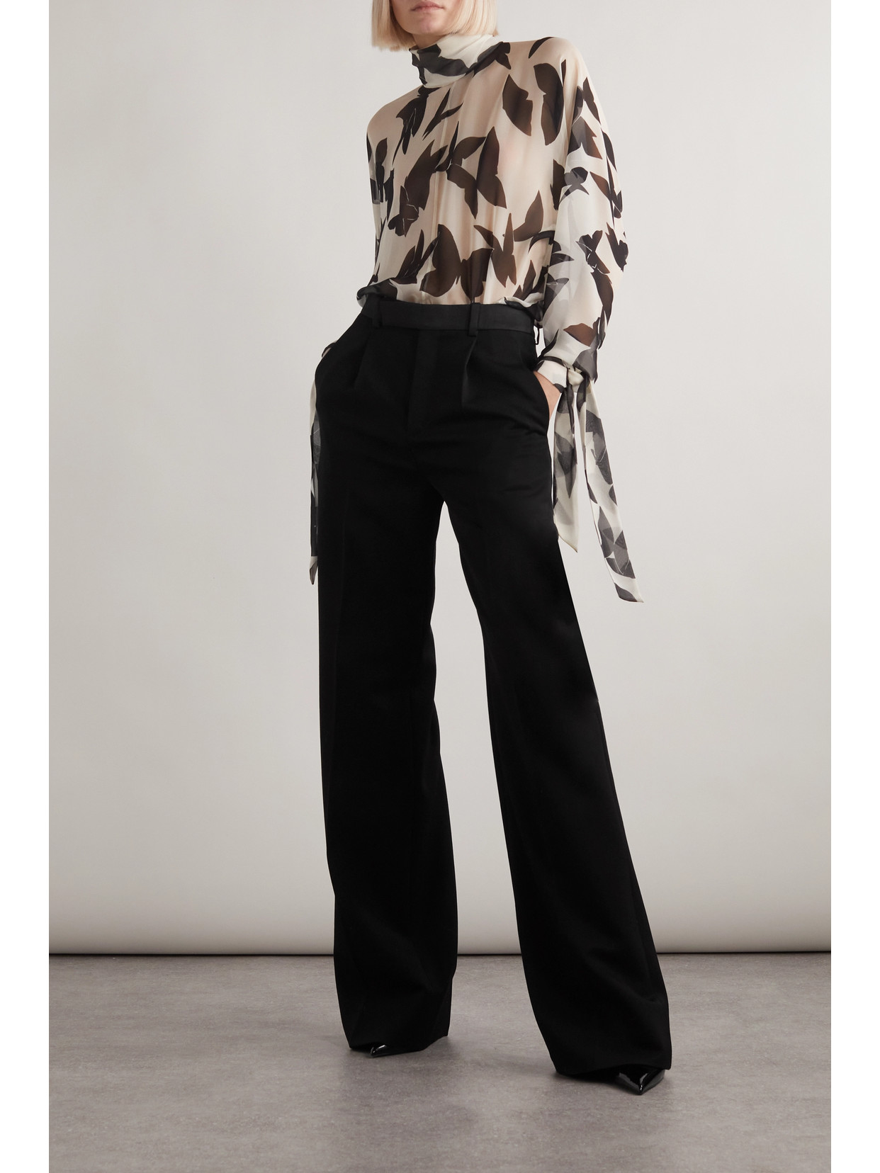 Saint Laurent Satin-trimmed Grain De Poudre Wool Wide-leg Pants In Black