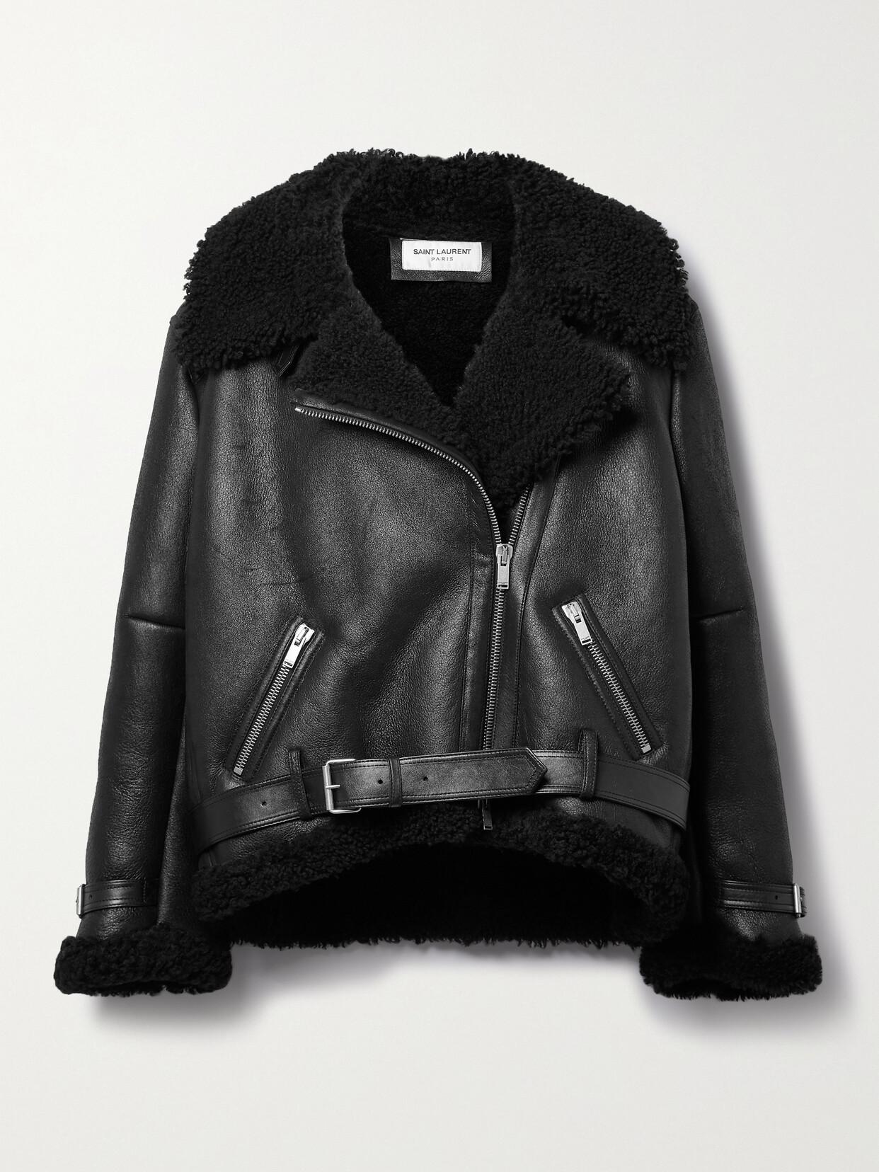 Shop Saint Laurent Shearling Biker Jacket In Black