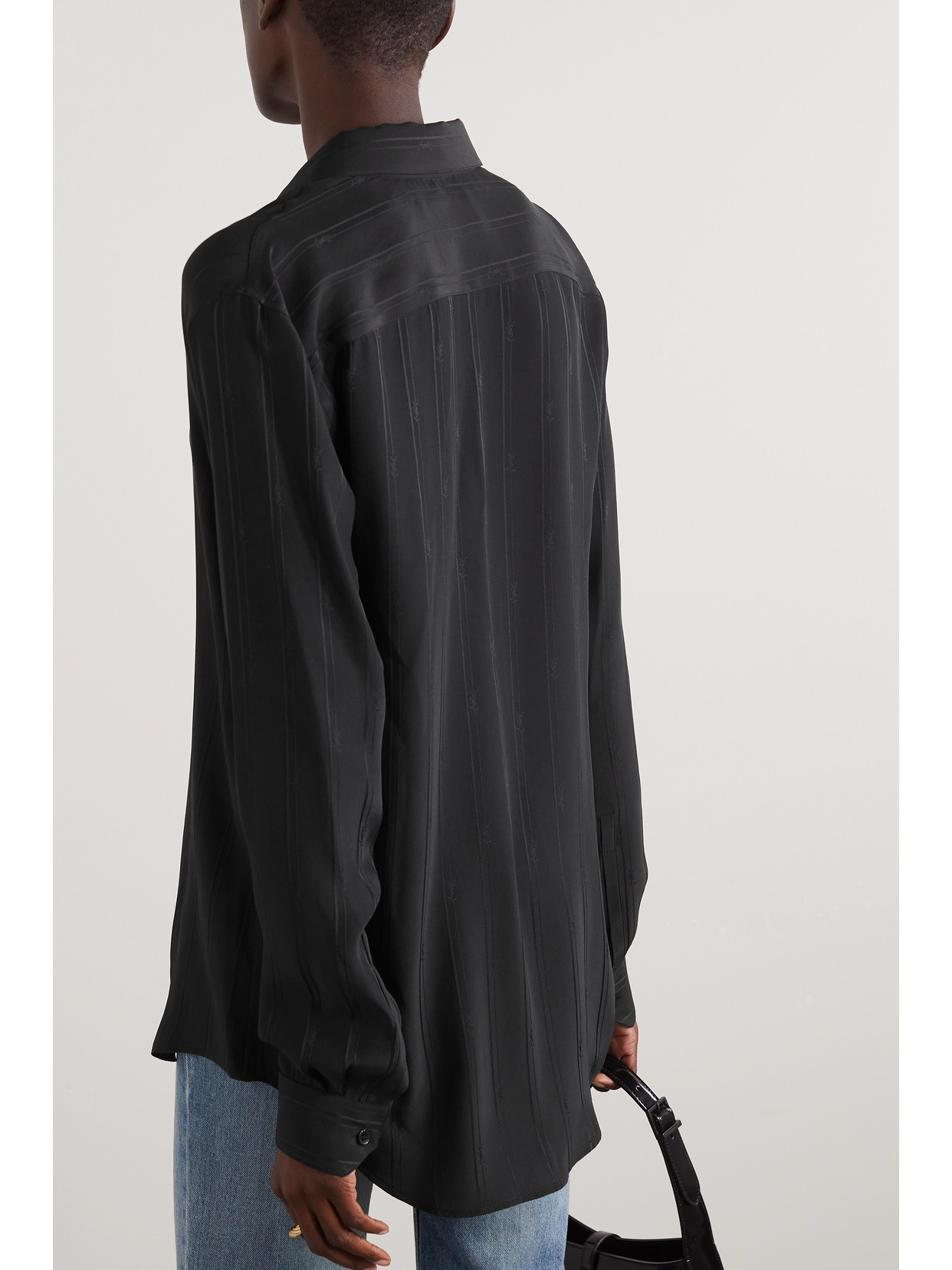 Shop Saint Laurent Striped Silk-georgette Shirt In Black